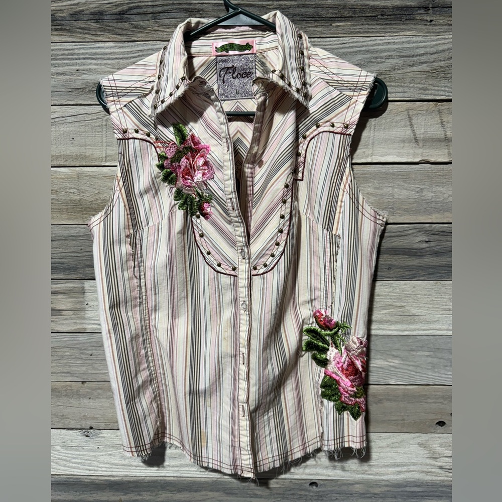 Western Pink and Green Embroidered Striped Blouse